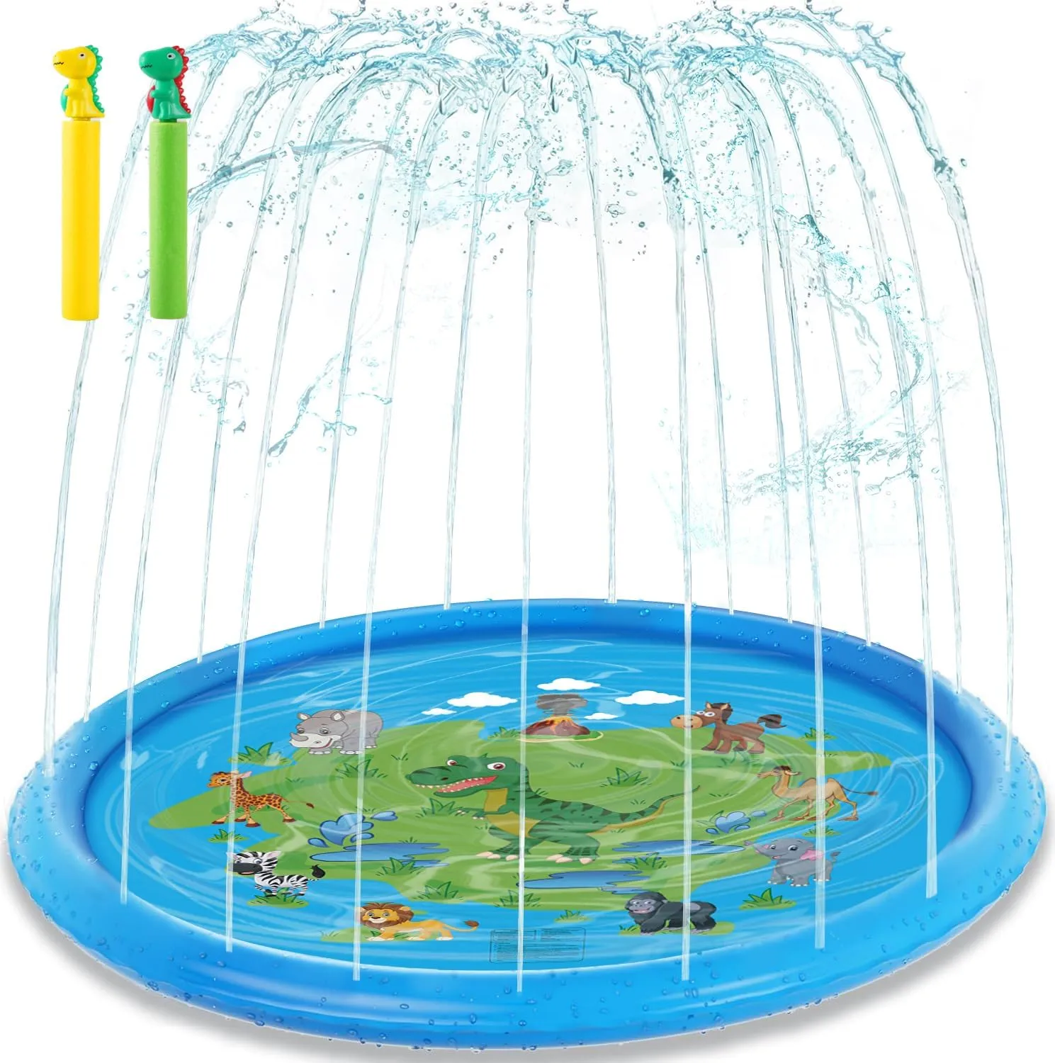 66.9" Splash Pad, Fun Inflatable Sprinkler Mat Outdoor Water Toy with 2 Dinosaur Water Soaker Shooters for Children, Boys, Girls，Infants, Toddlers Summer Pool Birthday Parties