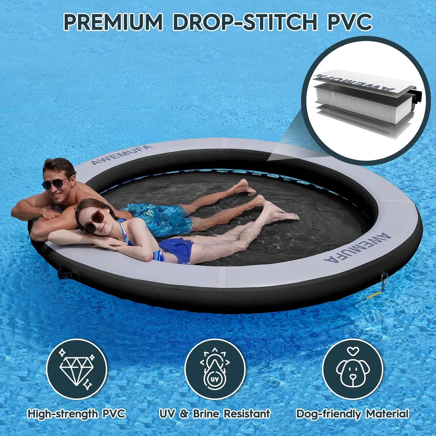 8ft Water Hammock 8 inches Thick Round Float Ring with Mesh Lake Floats for Adults Heavy Duty Circle Floating Mat for Pool Inflatable Water Raft for Summer Parties