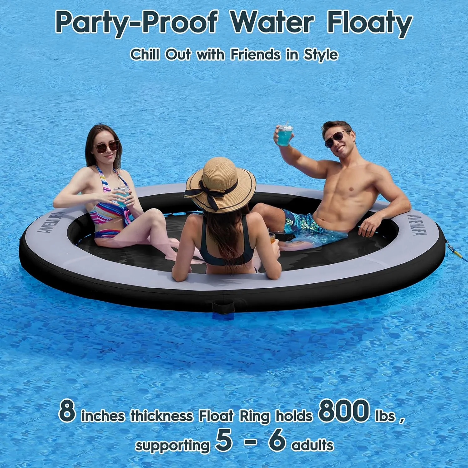 8ft Water Hammock 8 inches Thick Round Float Ring with Mesh Lake Floats for Adults Heavy Duty Circle Floating Mat for Pool Inflatable Water Raft for Summer Parties