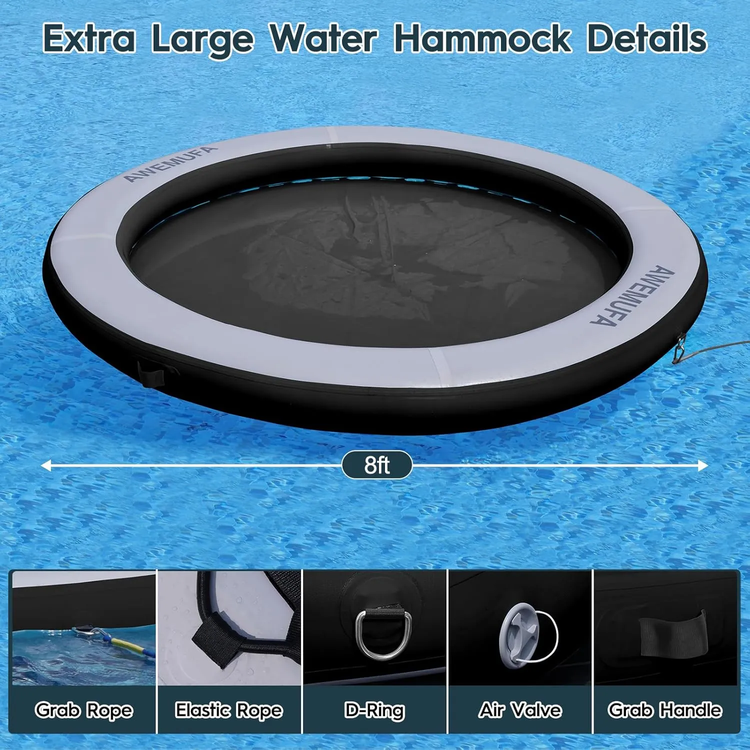 8ft Water Hammock 8 inches Thick Round Float Ring with Mesh Lake Floats for Adults Heavy Duty Circle Floating Mat for Pool Inflatable Water Raft for Summer Parties