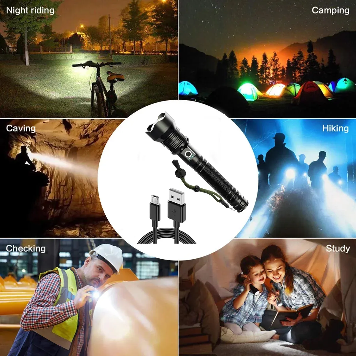 90,000 Lumens Super Bright Rechargeable Waterproof Flashlight with 5 Modes
