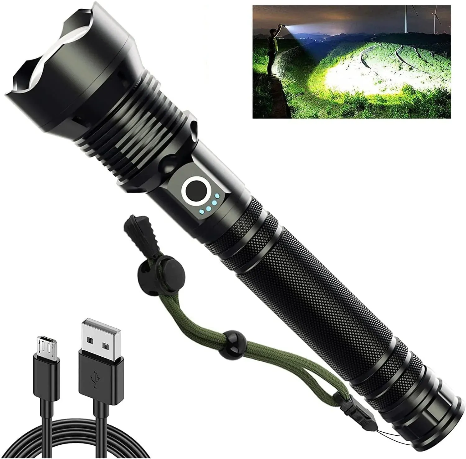 90,000 Lumens Super Bright Rechargeable Waterproof Flashlight with 5 Modes