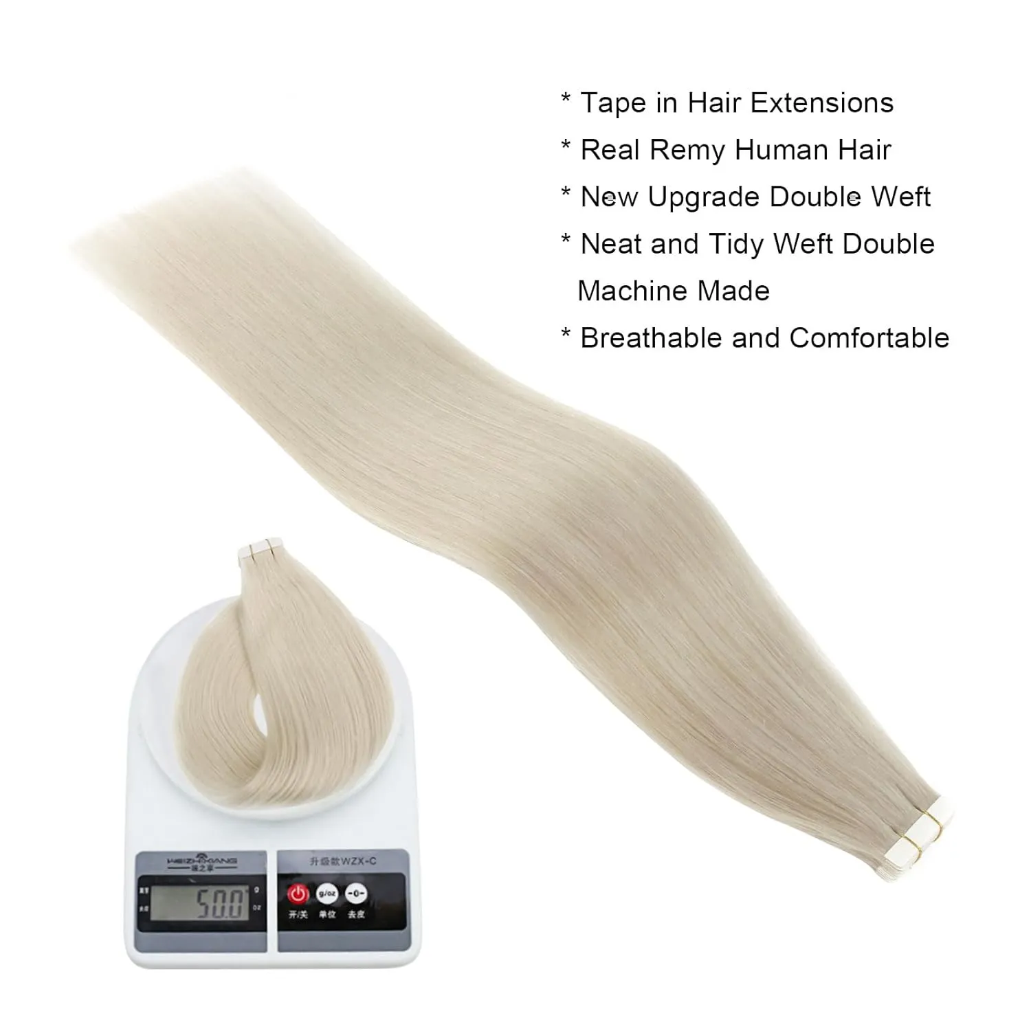 ABH AMAZINGBEAUTY HAIR Tape in Hair Extensions Human Hair Ice Blonde Tape in Blonde Straight Hair Glue in Remy Human Hair Extensions Invisible Skin Weft Color 1000 White Blonde Hair 14 Inch 20Pcs 50G