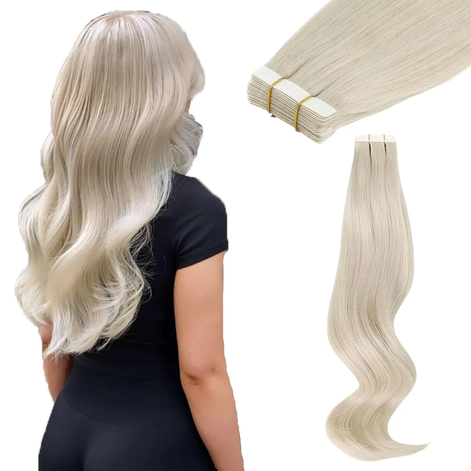 ABH AMAZINGBEAUTY HAIR Tape in Hair Extensions Human Hair Ice Blonde Tape in Blonde Straight Hair Glue in Remy Human Hair Extensions Invisible Skin Weft Color 1000 White Blonde Hair 14 Inch 20Pcs 50G