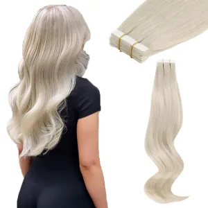 ABH AMAZINGBEAUTY HAIR Tape in Hair Extensions Human Hair Ice Blonde Tape in Blonde Straight Hair Glue in Remy Human Hair Extensions Invisible Skin Weft Color 1000 White Blonde Hair 14 Inch 20Pcs 50G
