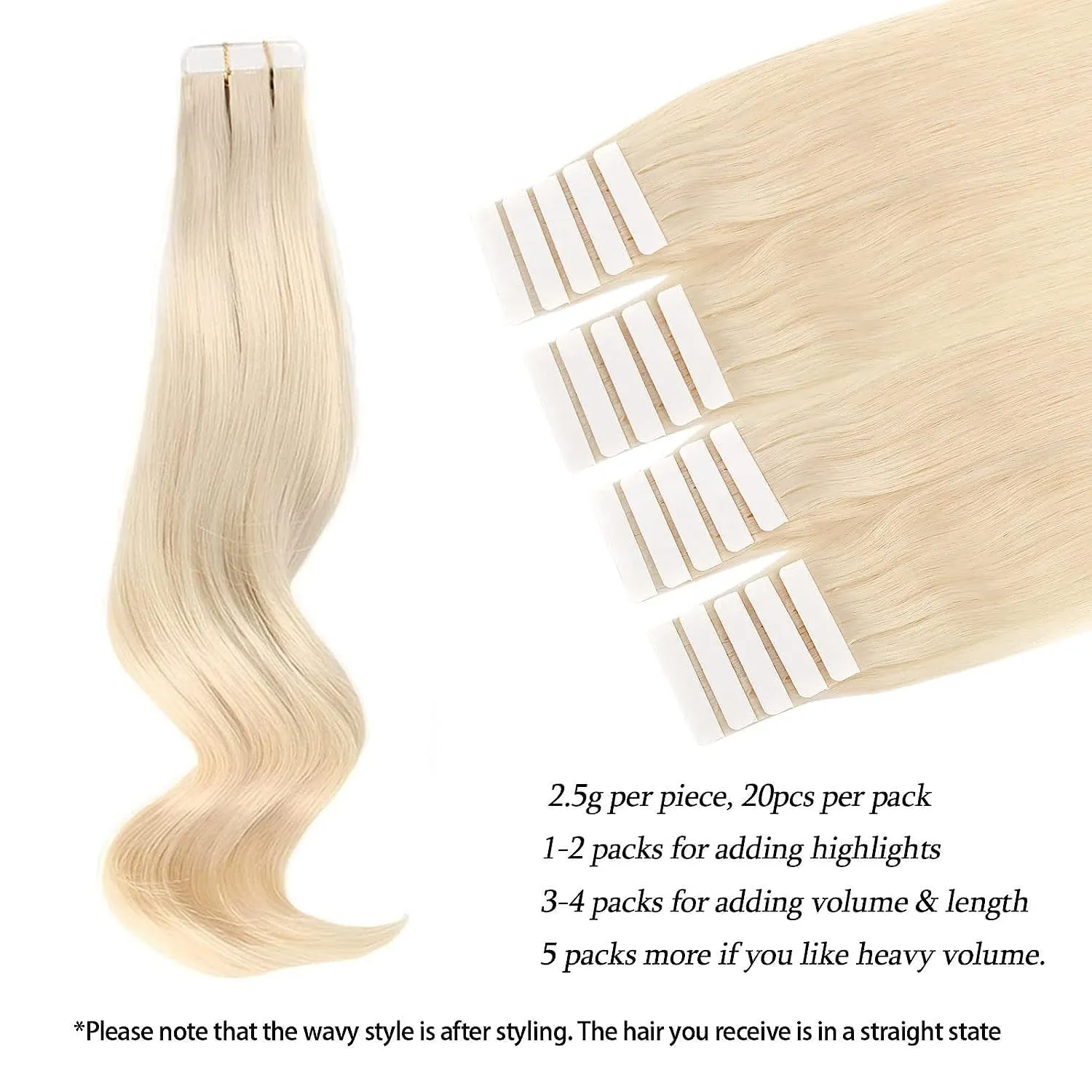 ABH AMAZINGBEAUTY HAIR Tape in Hair Extensions Human Hair, Semi-permanent Remy Human Hair Tape ins, 20 Pieces 50 Grams, Ash Platinum Blonde 60, 14 Inch