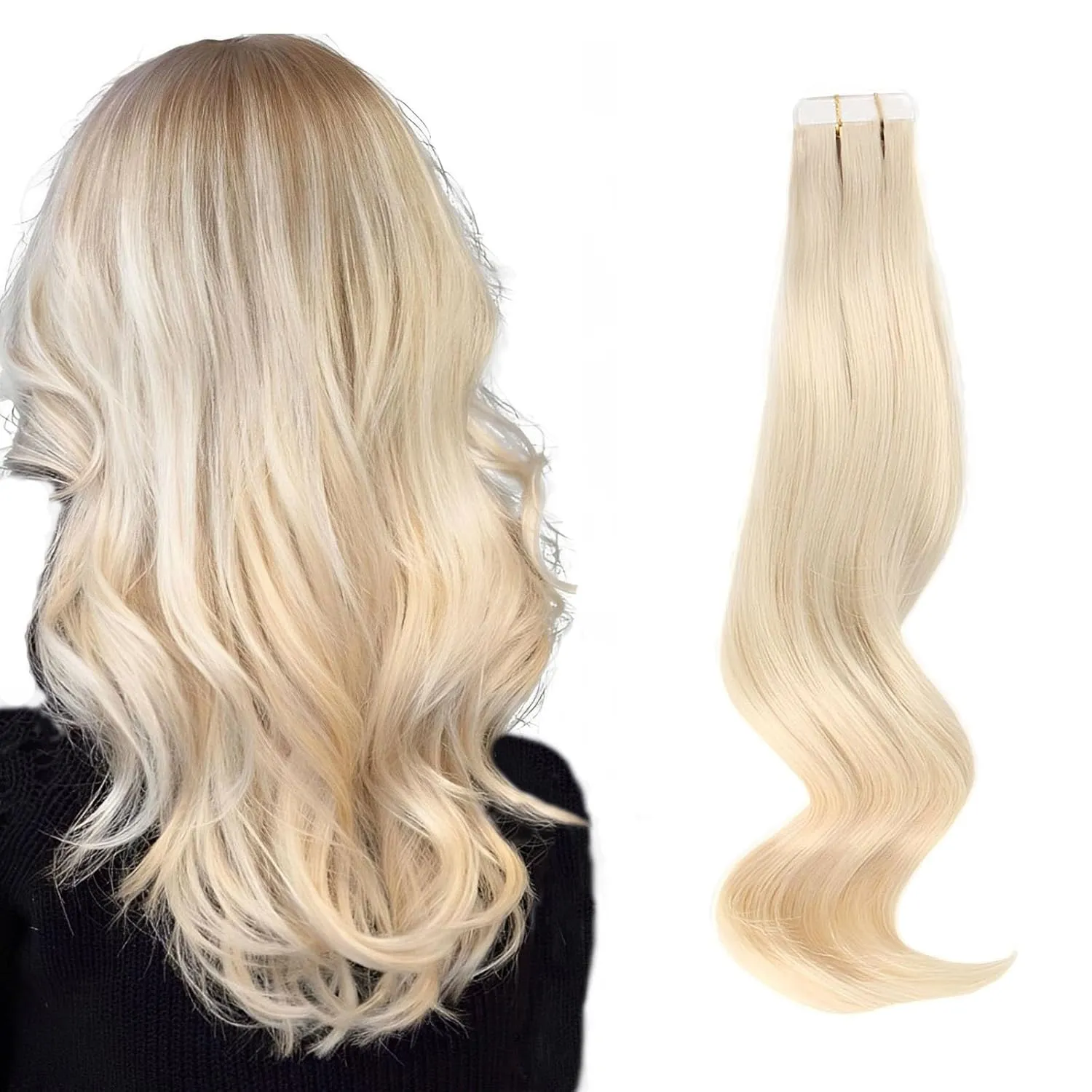 ABH AMAZINGBEAUTY HAIR Tape in Hair Extensions Human Hair, Semi-permanent Remy Human Hair Tape ins, 20 Pieces 50 Grams, Ash Platinum Blonde 60, 14 Inch