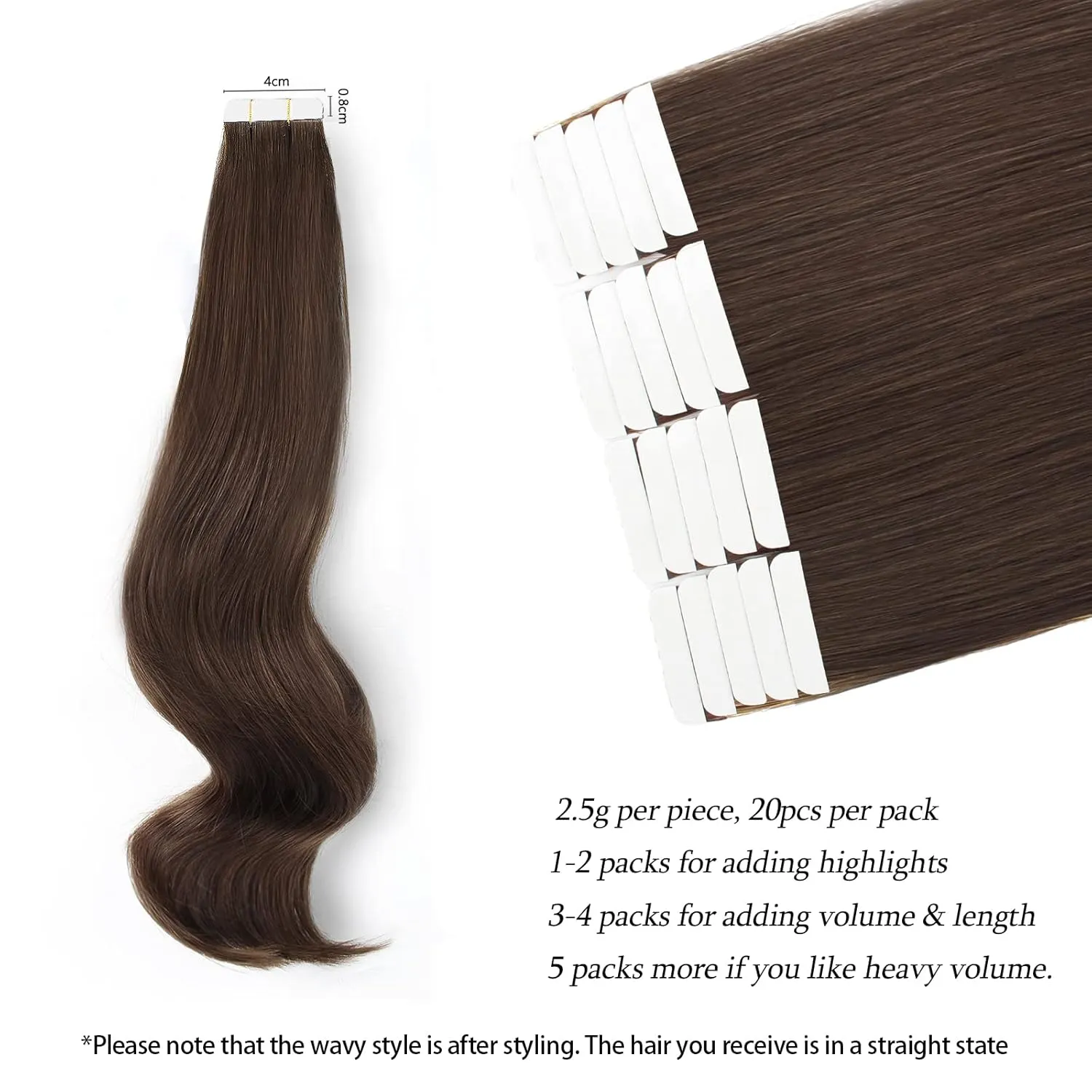 ABH AmazingBeauty Tape in Hair Extensions Human Hair Semi-permanent Tape Attached Real Remy Human Hair Extensions Tape in 50g 20pcs Invisible Seamless Reusable Skin Weft Dark Brown Color 2 22 Inch