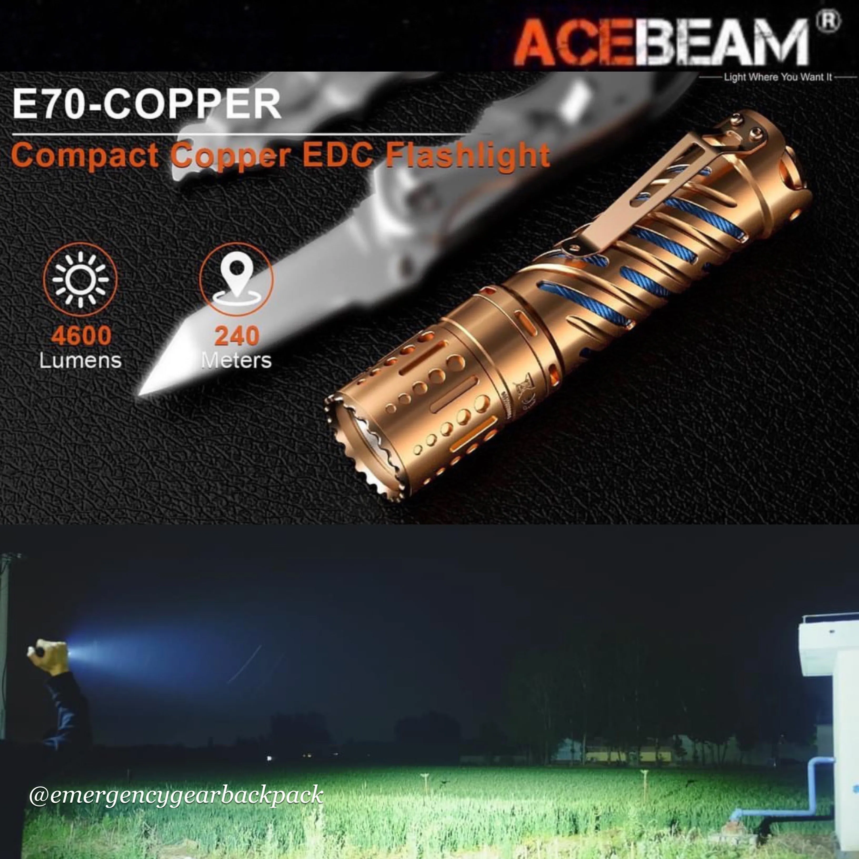 ACEBEAM E70-CU 4600LMS 240M EDC Flashlight (ไม่รวมแบตเตอรี่)