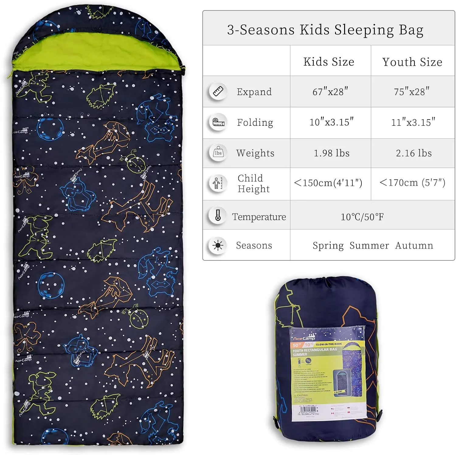 AceCamp Kids Sleeping Bag, Glow-in-The-Dark Sleeping Bag for Kids and Youth, Portable Water-Resistant Kids Sleeping Bag, Temp Rating 30F/ -1℃, for Camping, Hiking, Slumber Party