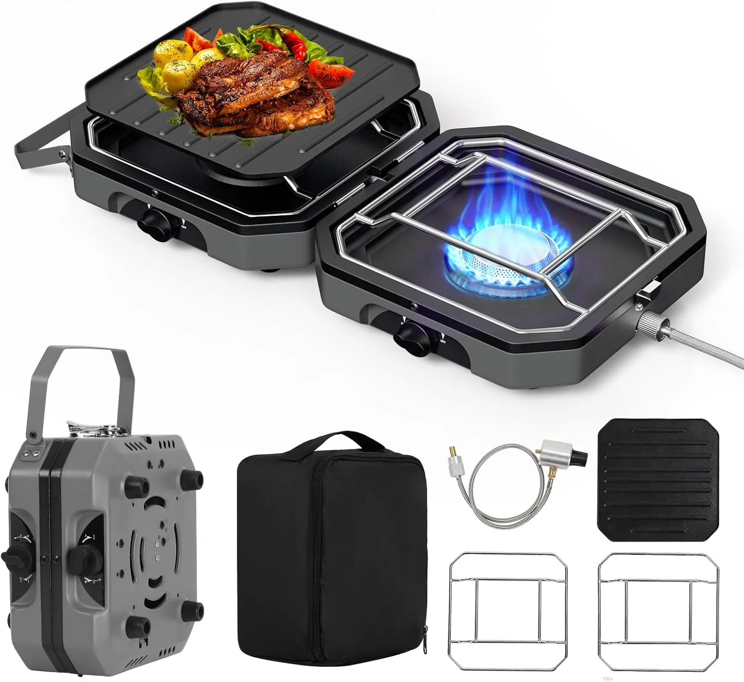 Adjustable 2-Burner Portable Stove with 16000 BTU, Flameout Protection, with Camping Grill and Carrying Bag, Propane Camping Stoves for Camping, Backyard BBQ,Tailgating (Grey)
