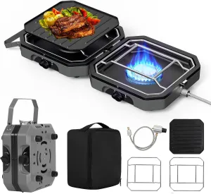 Adjustable 2-Burner Portable Stove with 16000 BTU, Flameout Protection, with Camping Grill and Carrying Bag, Propane Camping Stoves for Camping, Backyard BBQ,Tailgating (Grey)
