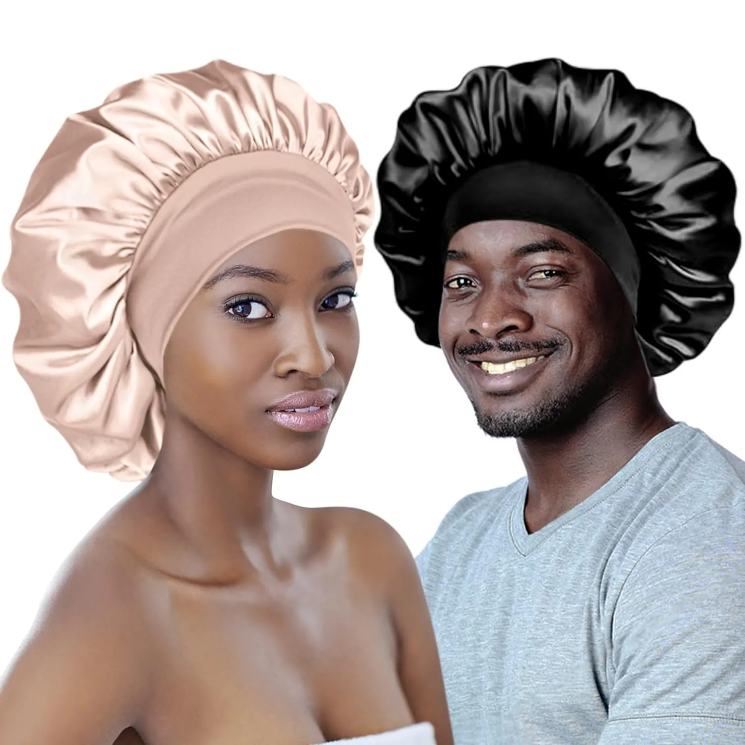 Adubor Silk Bonnet for Sleeping Women Men - Larger Double Layer Satin Bonnet - Non-Slip Silk Turban - Hair Bonnets for Sleeping - Sleep Cap for Curly Hair (Black Beige)