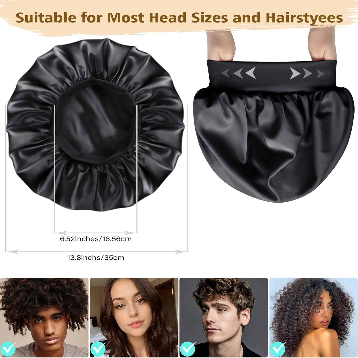 Adubor Silk Bonnet for Sleeping Women Men - Larger Double Layer Satin Bonnet - Non-Slip Silk Turban - Hair Bonnets for Sleeping - Sleep Cap for Curly Hair (Black Beige)