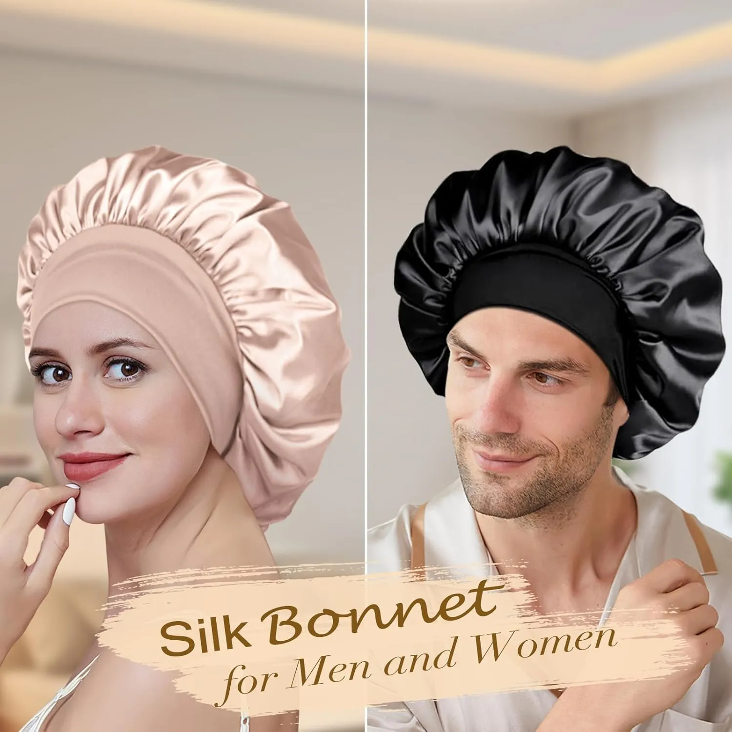 Adubor Silk Bonnet for Sleeping Women Men - Larger Double Layer Satin Bonnet - Non-Slip Silk Turban - Hair Bonnets for Sleeping - Sleep Cap for Curly Hair (Black Beige)
