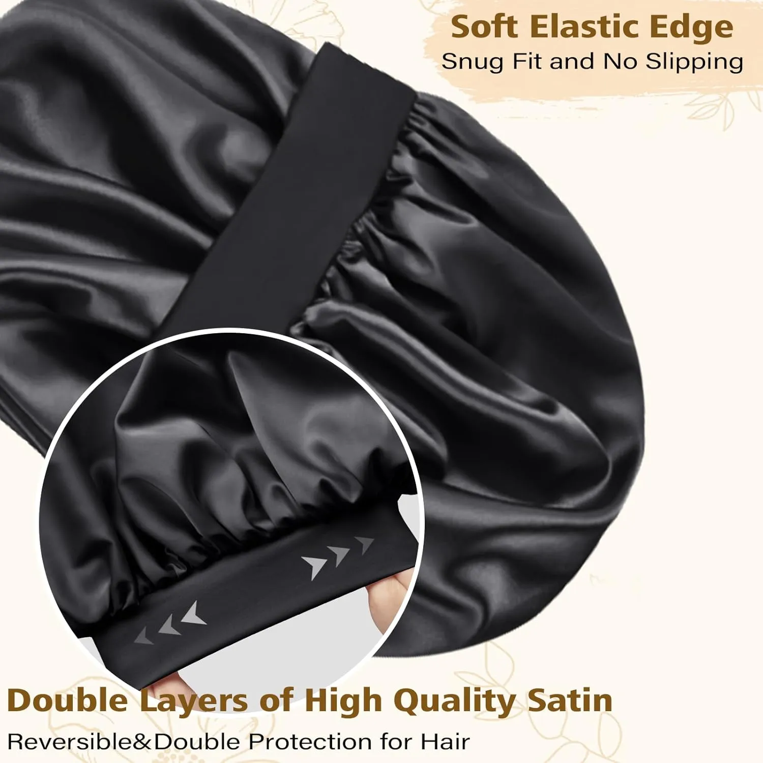 Adubor Silk Bonnet for Sleeping Women Men - Larger Double Layer Satin Bonnet - Non-Slip Silk Turban - Hair Bonnets for Sleeping - Sleep Cap for Curly Hair (Black Beige)