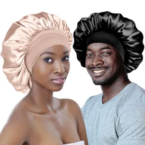 Adubor Silk Bonnet for Sleeping Women Men - Larger Double Layer Satin Bonnet - Non-Slip Silk Turban - Hair Bonnets for Sleeping - Sleep Cap for Curly Hair (Black Beige)