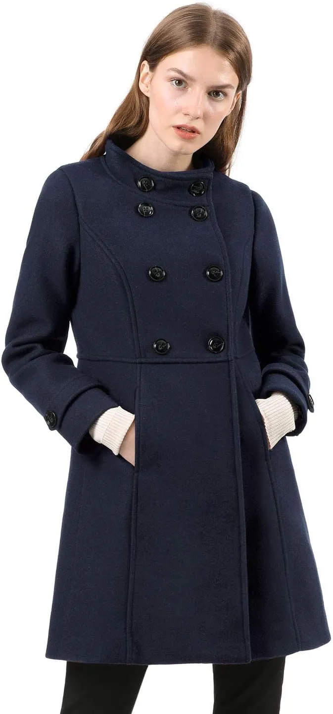 Allegra K Women's Stand Collar Double Breasted Slant Pockets Trendy Outwear Winter Coat