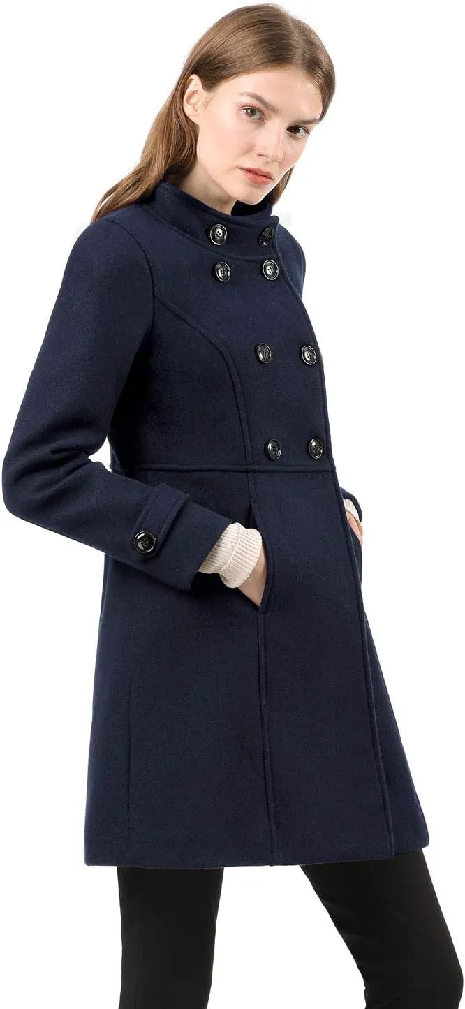 Allegra K Women's Stand Collar Double Breasted Slant Pockets Trendy Outwear Winter Coat