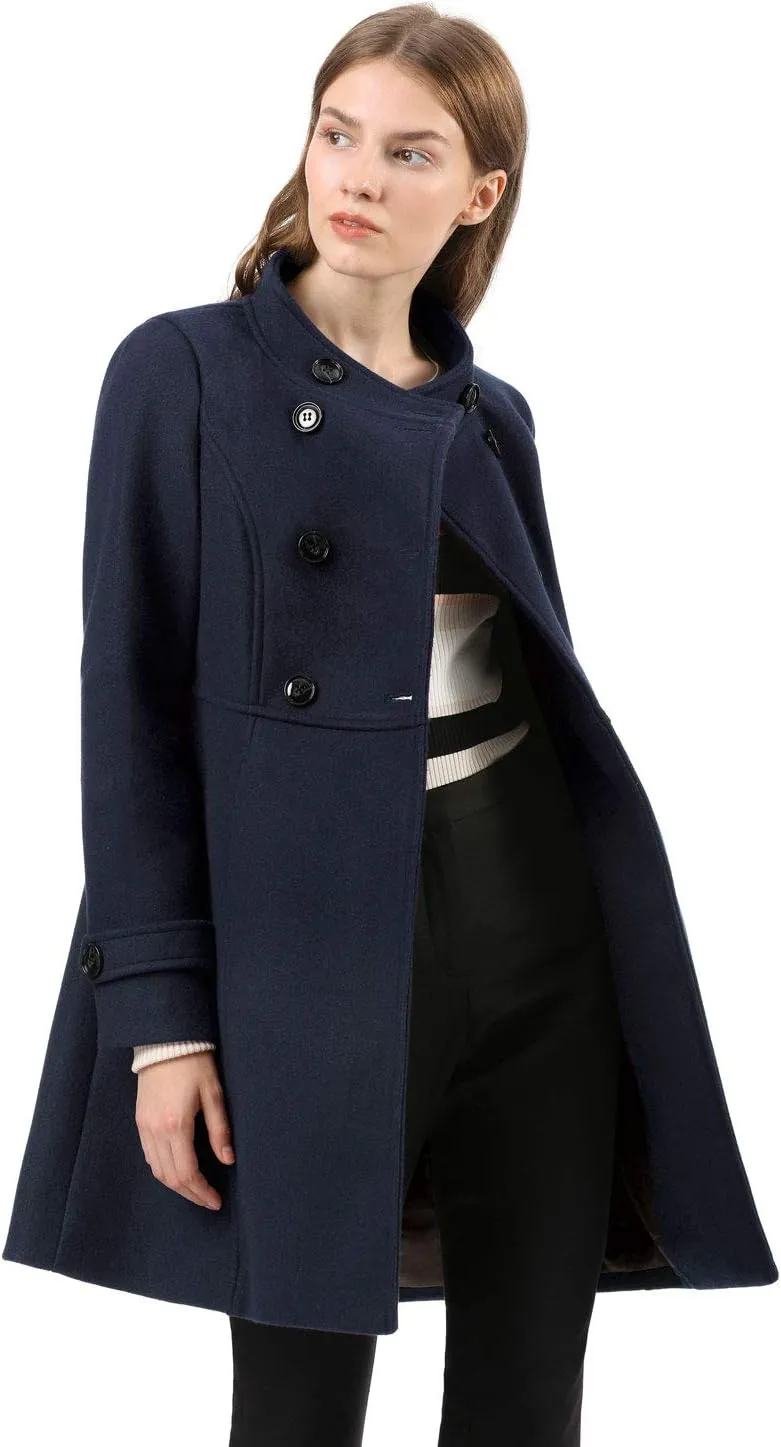 Allegra K Women's Stand Collar Double Breasted Slant Pockets Trendy Outwear Winter Coat