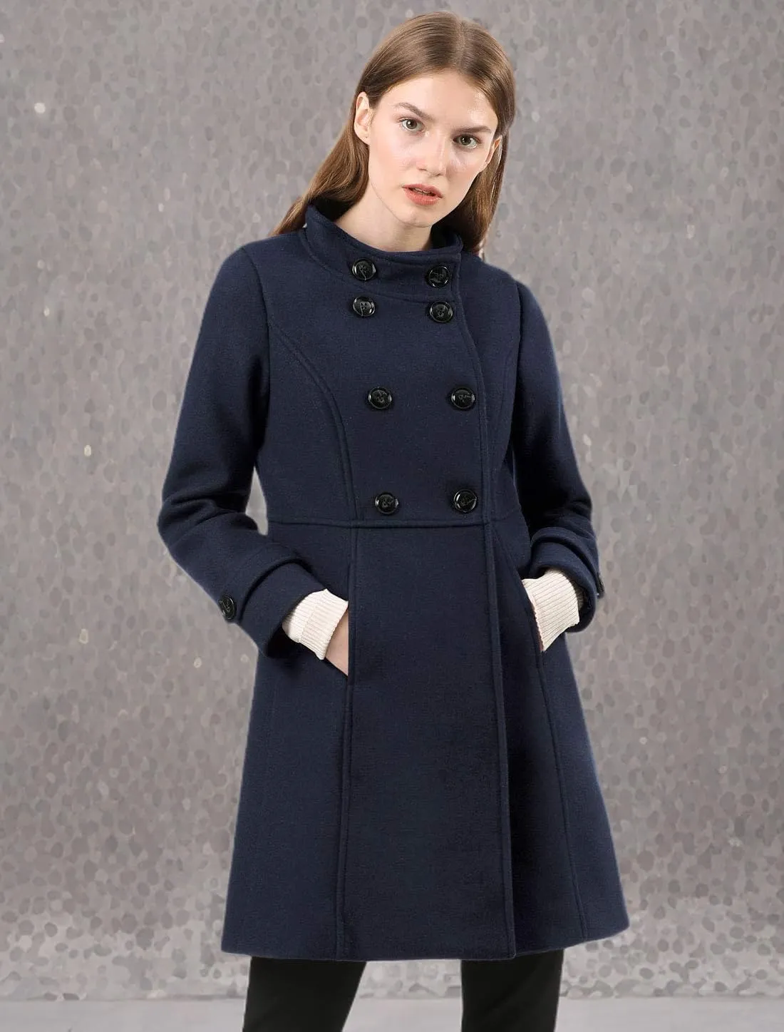 Allegra K Women's Stand Collar Double Breasted Slant Pockets Trendy Outwear Winter Coat