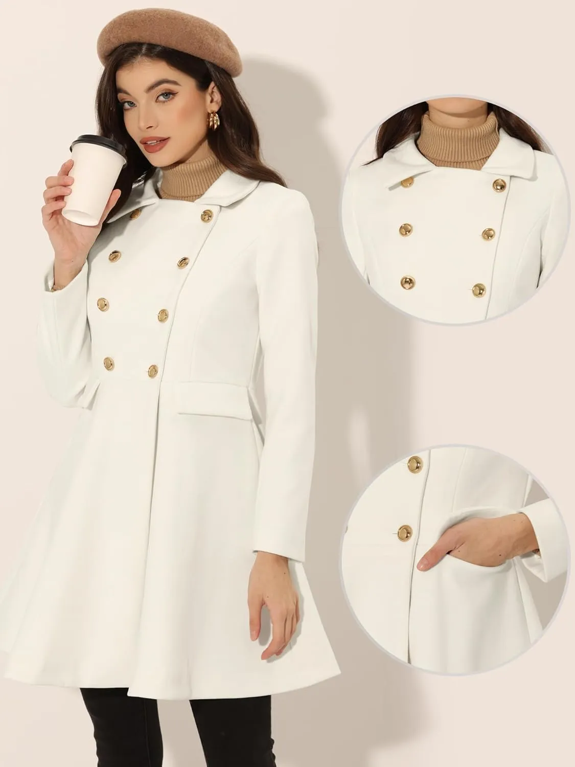 Allegra K Women's Turn Down Collar Double Breasted Trendy Outwear Swing Winter Pea Coat