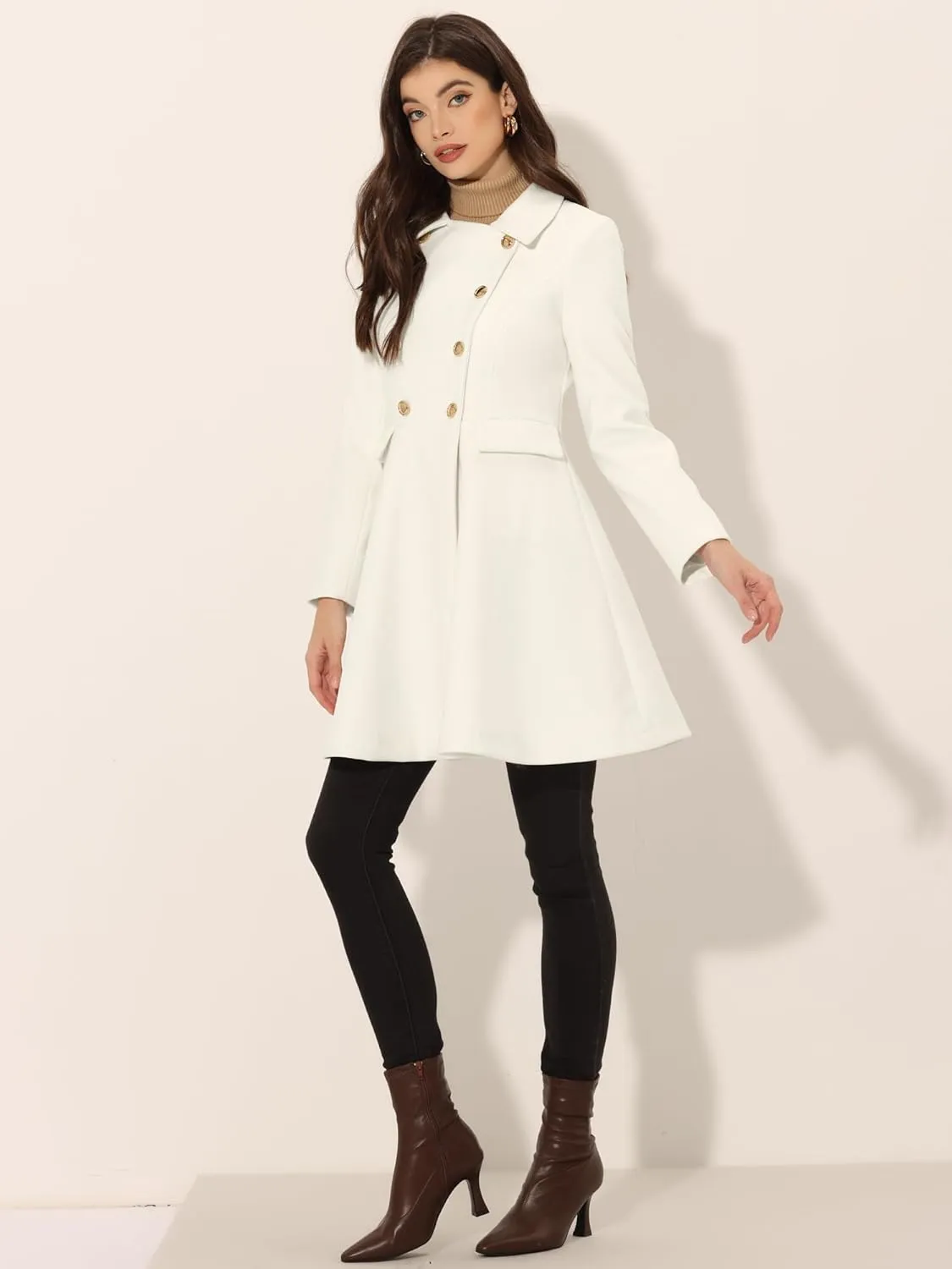 Allegra K Women's Turn Down Collar Double Breasted Trendy Outwear Swing Winter Pea Coat