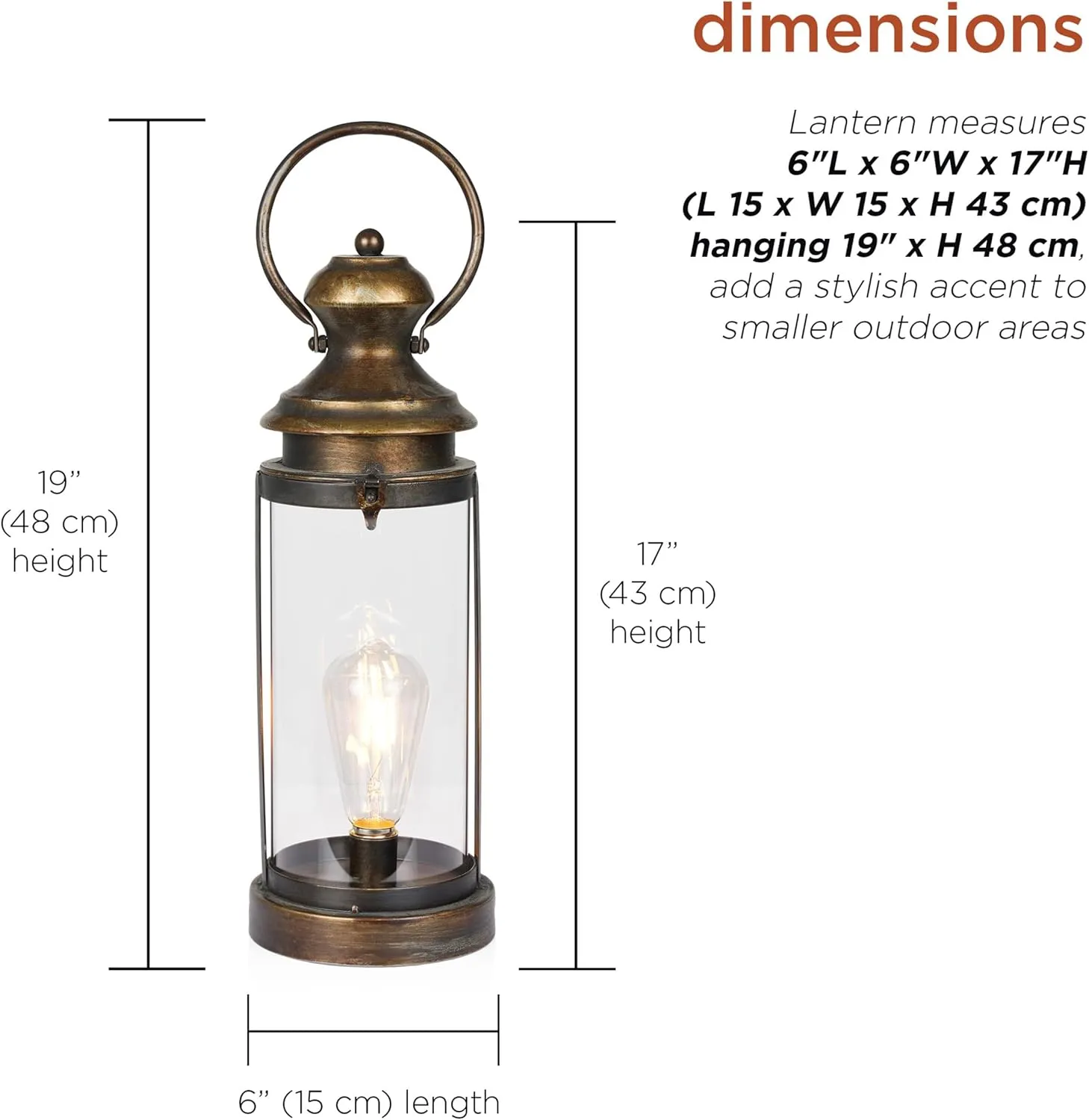 Alpine Corporation ILT102HH-S-GD Gold Metal & Glass Lantern with Warm White LED Light, LED Patio Light, 17" H, Small, Gold
