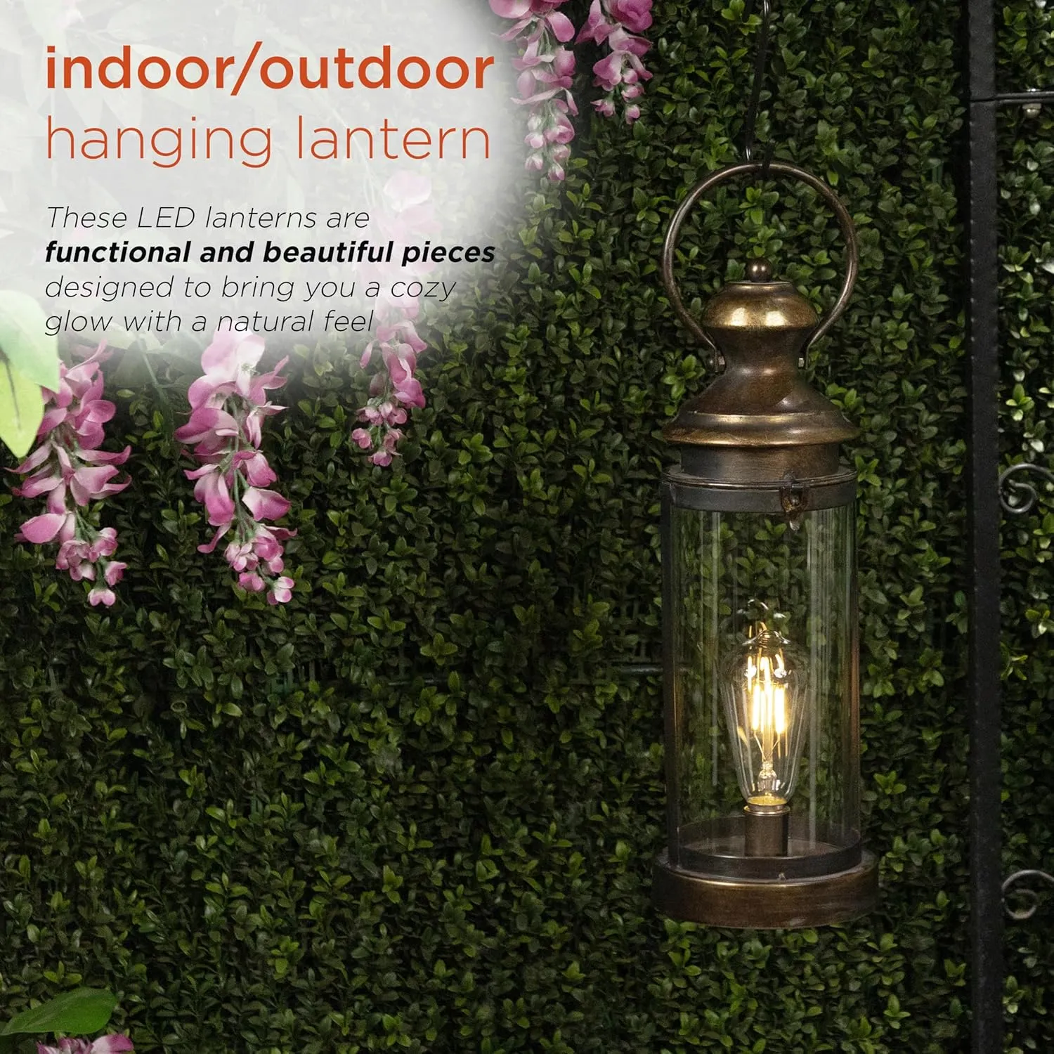 Alpine Corporation ILT102HH-S-GD Gold Metal & Glass Lantern with Warm White LED Light, LED Patio Light, 17" H, Small, Gold