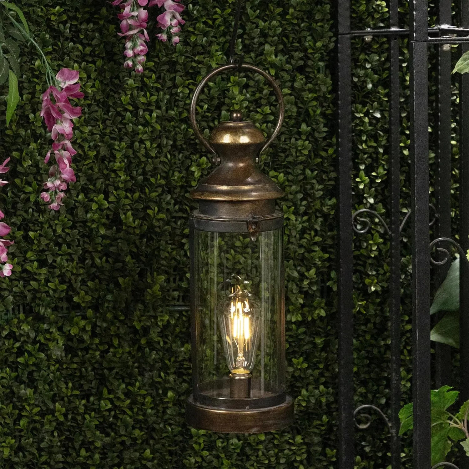 Alpine Corporation ILT102HH-S-GD Gold Metal & Glass Lantern with Warm White LED Light, LED Patio Light, 17" H, Small, Gold