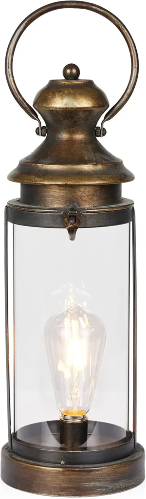 Alpine Corporation ILT102HH-S-GD Gold Metal & Glass Lantern with Warm White LED Light, LED Patio Light, 17" H, Small, Gold