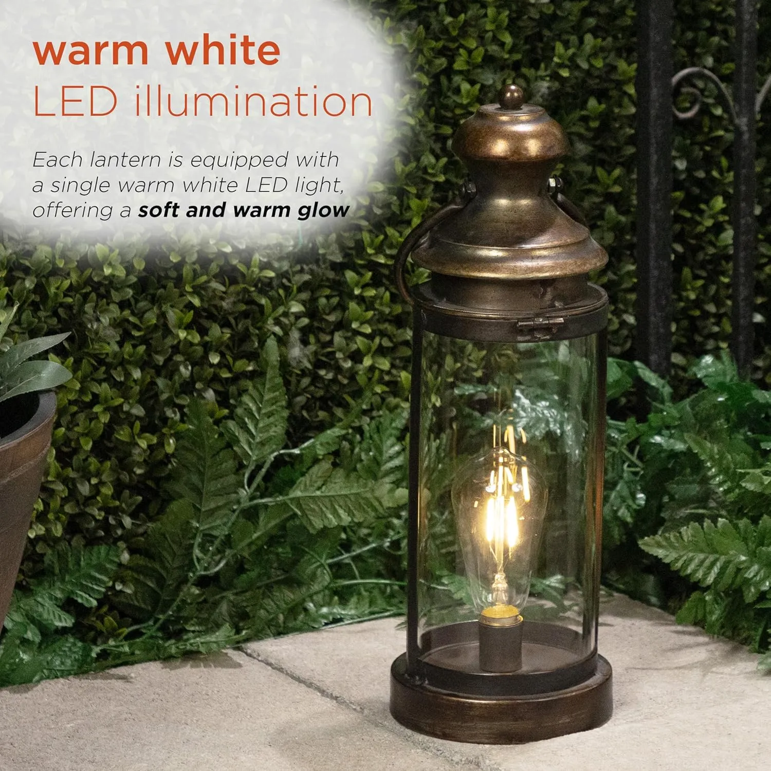 Alpine Corporation ILT102HH-S-GD Gold Metal & Glass Lantern with Warm White LED Light, LED Patio Light, 17" H, Small, Gold
