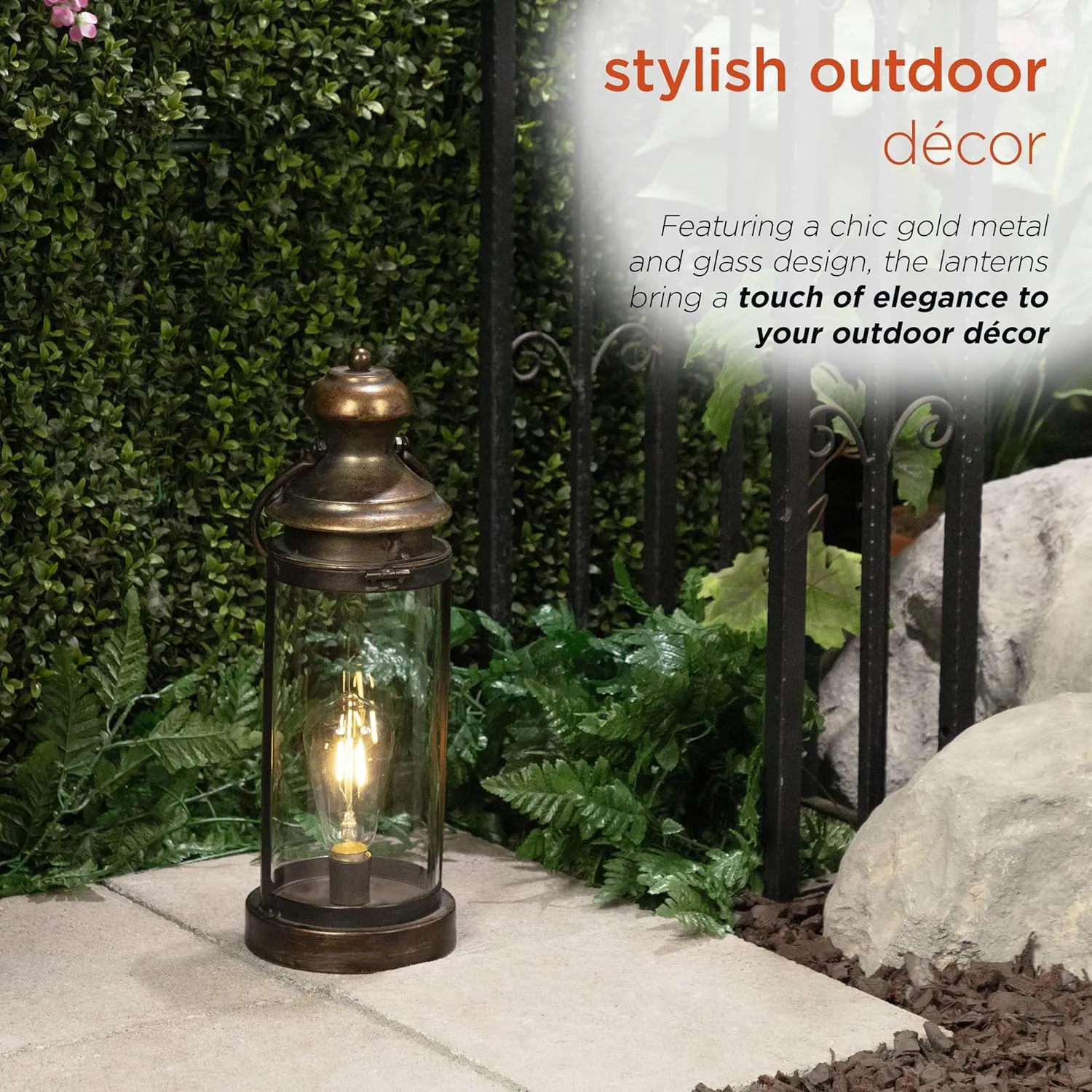 Alpine Corporation ILT102HH-S-GD Gold Metal & Glass Lantern with Warm White LED Light, LED Patio Light, 17" H, Small, Gold