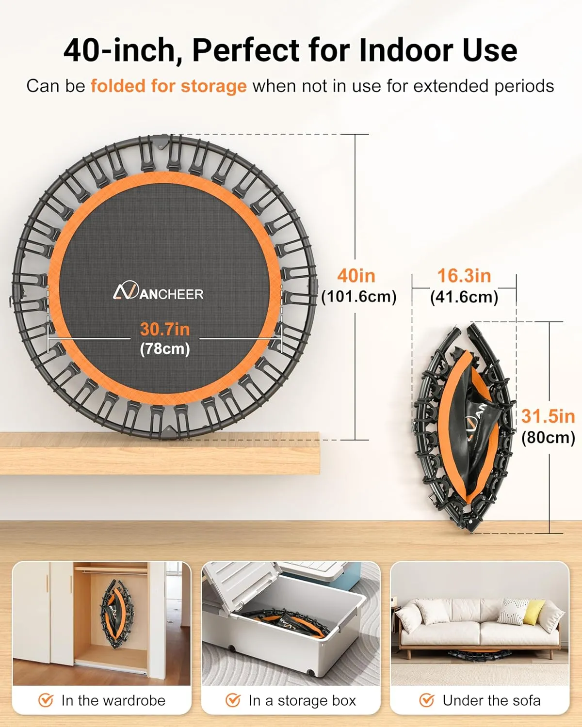 ANCHEER 40"/48" Foldable Rebounder Trampoline for Adults/Kids with Resistance Bands and Bungees, Indoor & Outdoor Mini Trampoline with Bar and Safety Padding - Max Load 450lbs/550lbs