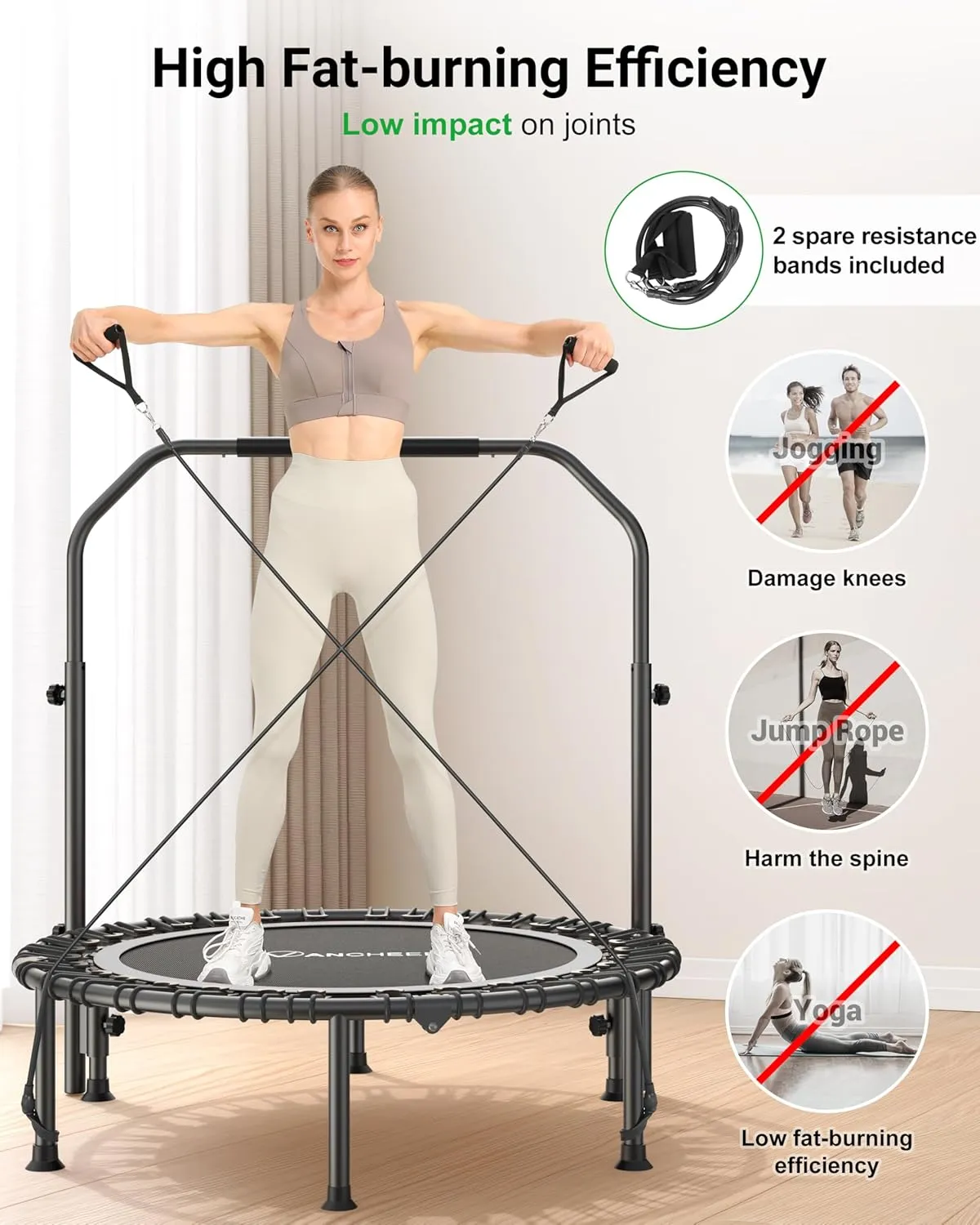 ANCHEER 40"/48" Foldable Rebounder Trampoline for Adults/Kids with Resistance Bands and Bungees, Indoor & Outdoor Mini Trampoline with Bar and Safety Padding - Max Load 450lbs/550lbs