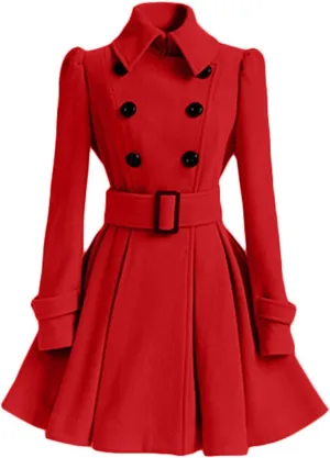 Andongnywell Women Swing Wool Trench Pea Coat Double Breasted Mid-Long Long Sleeve Lapel Wrap Winter Outwear Overcoat