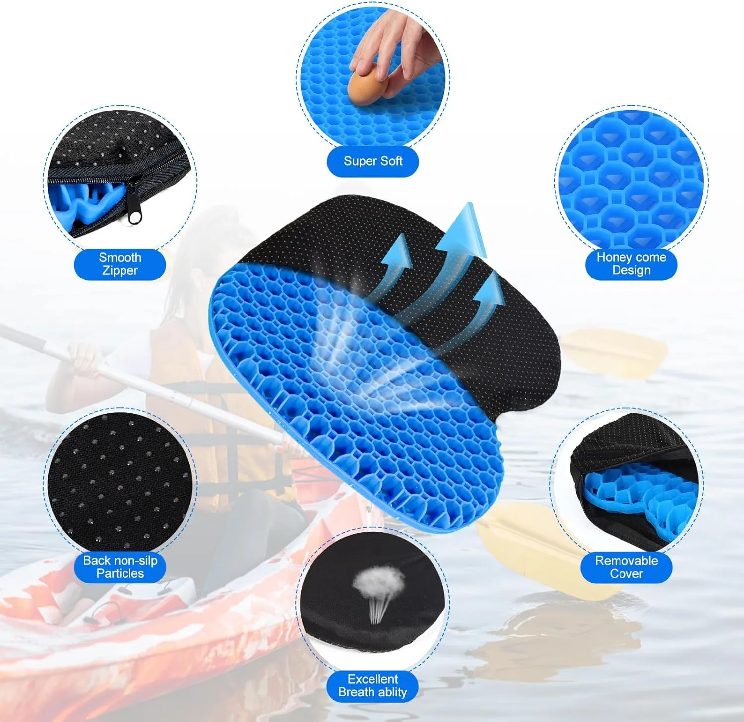 Anti Slip Kayak Gel Seat Cushion Thick Waterproof Egg Seat Cushion Kayak Seat Pad with Non-Slip Cover for Sit in Kayak Inflatable Kayak Canoe & Boat Kayak Accessories for Fishing Kayak