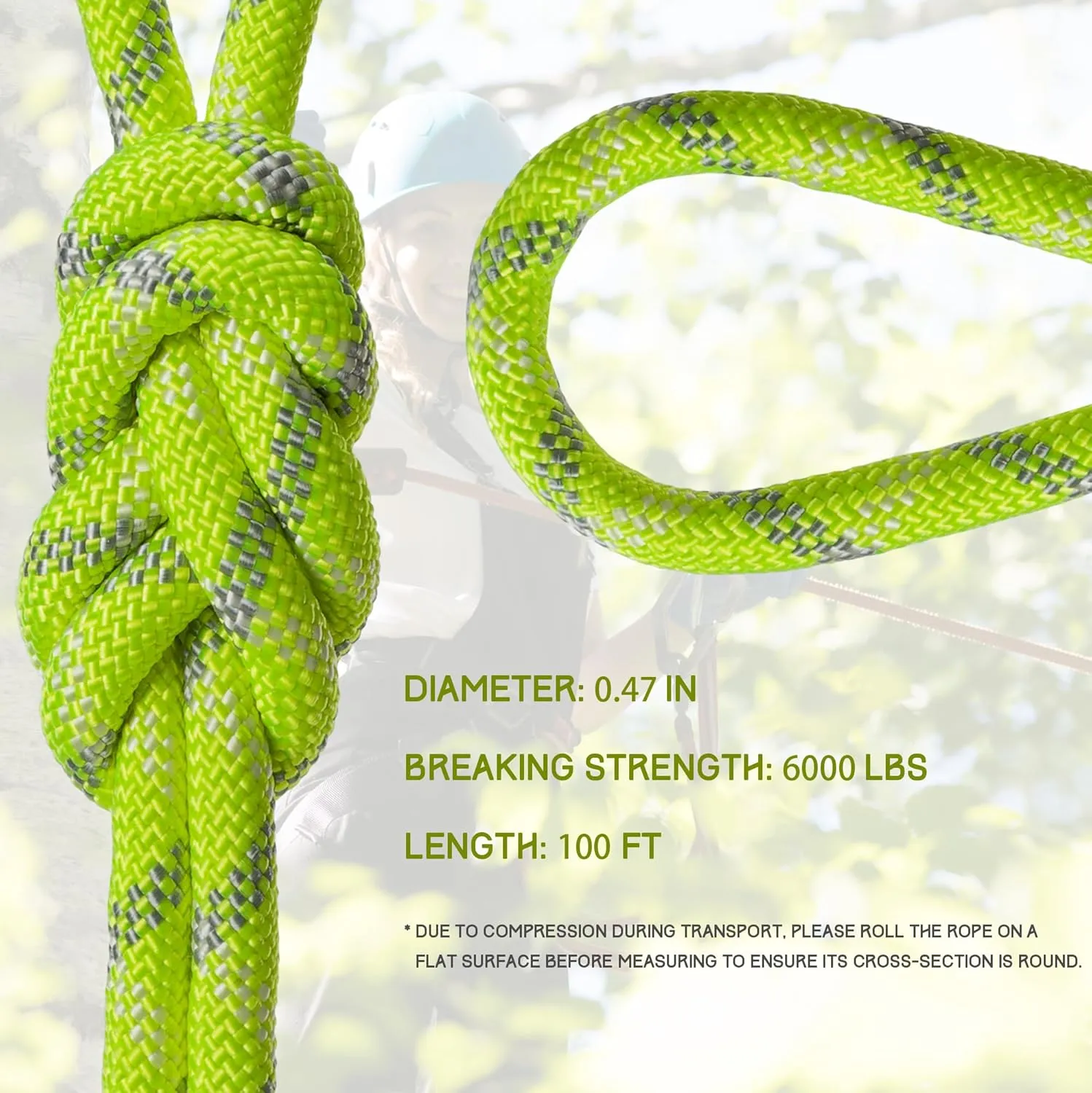Arborist Climbing Rope (0.47 in x 100 ft), Fluorescent Green Polyester Static Rope with 62-Strand Inner Core for Tree Work, Clothesline, Anchoring, Hammocks, Boating, Towing, Camping