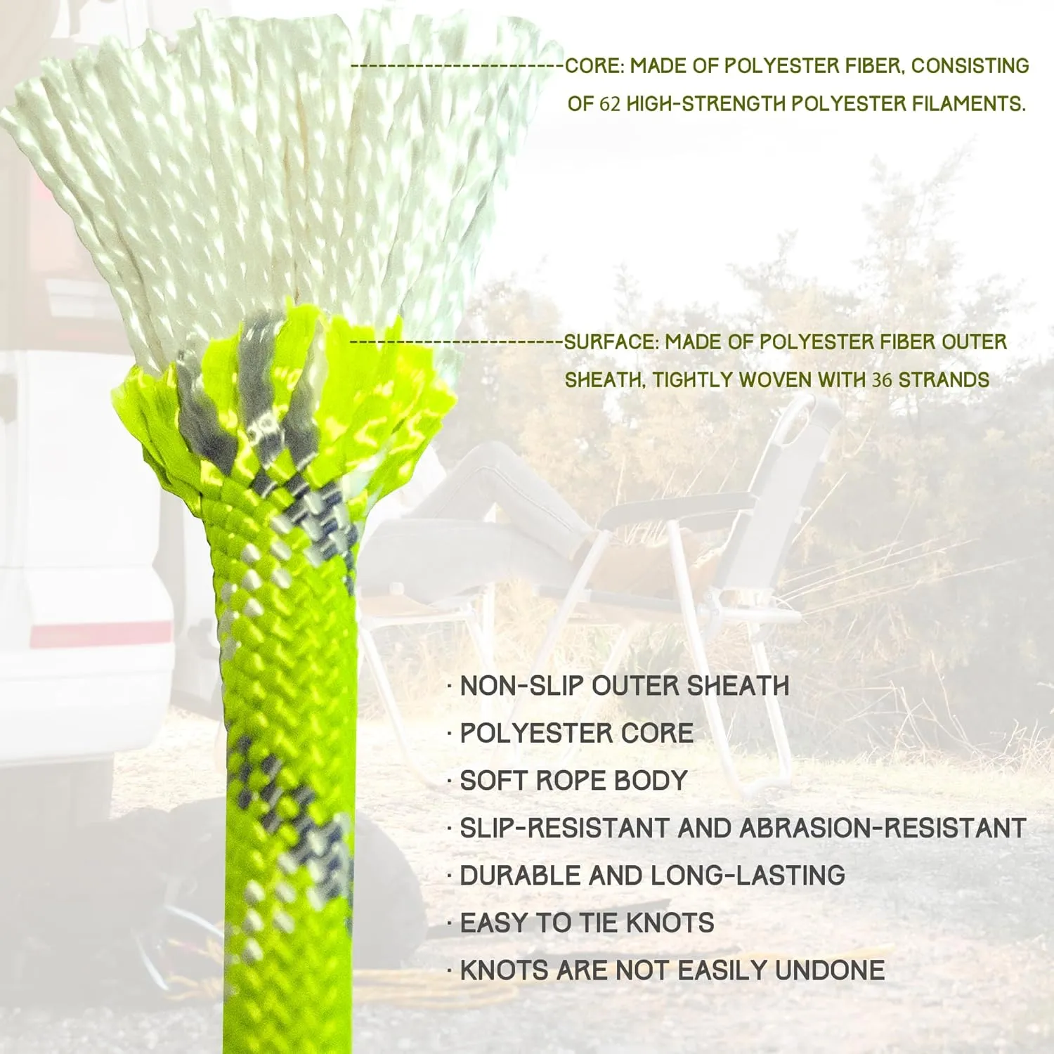Arborist Climbing Rope (0.47 in x 100 ft), Fluorescent Green Polyester Static Rope with 62-Strand Inner Core for Tree Work, Clothesline, Anchoring, Hammocks, Boating, Towing, Camping