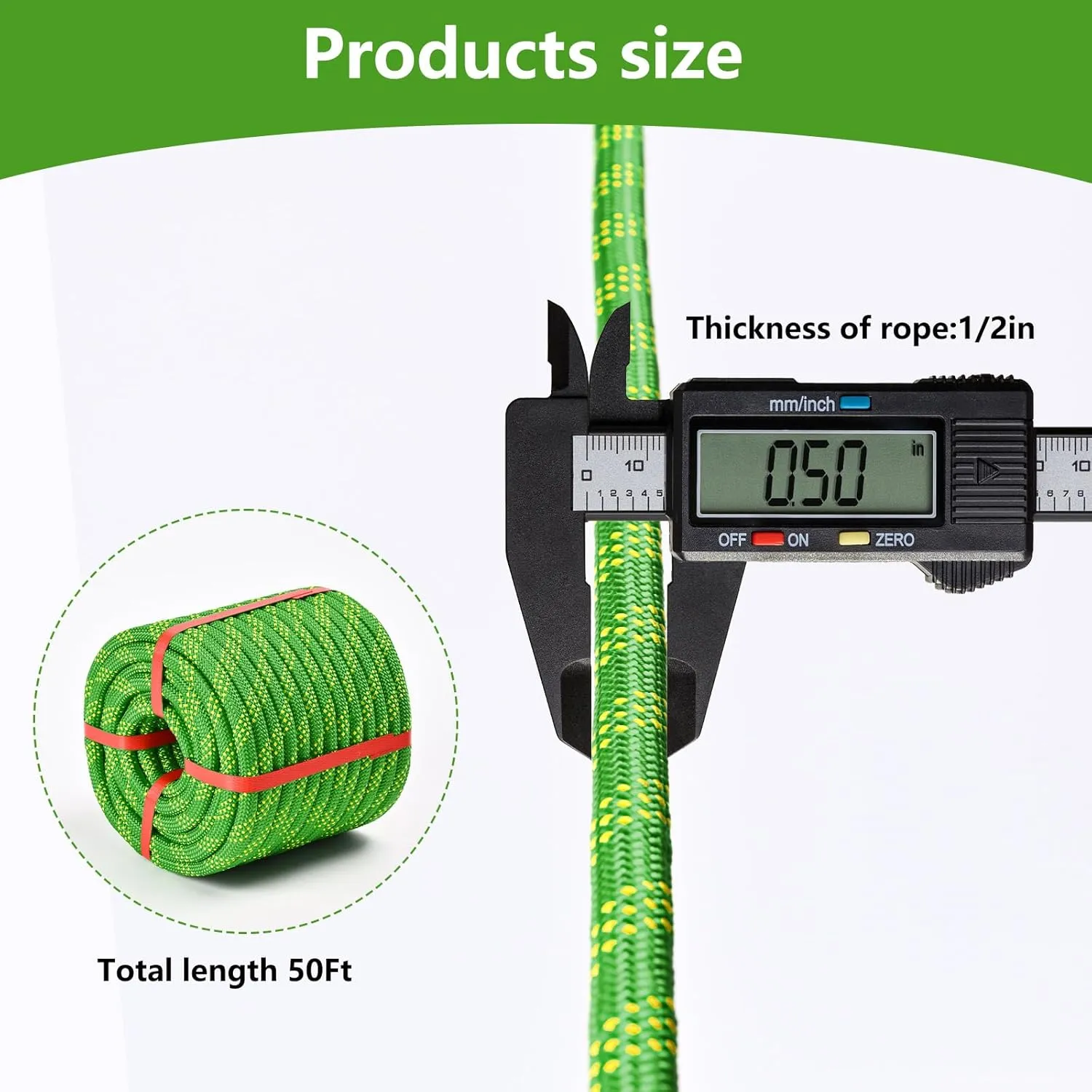Arborist Rigging Rope - Green 1/2 in x 50 Ft Static Tree Rope for Climbing Tree Felling Pulling for Arborists