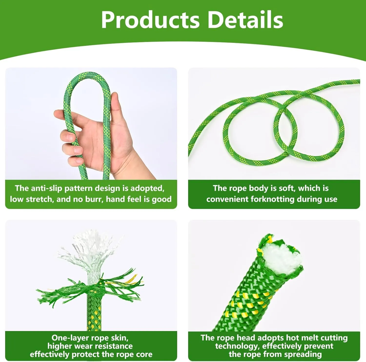 Arborist Rigging Rope - Green 1/2 in x 50 Ft Static Tree Rope for Climbing Tree Felling Pulling for Arborists