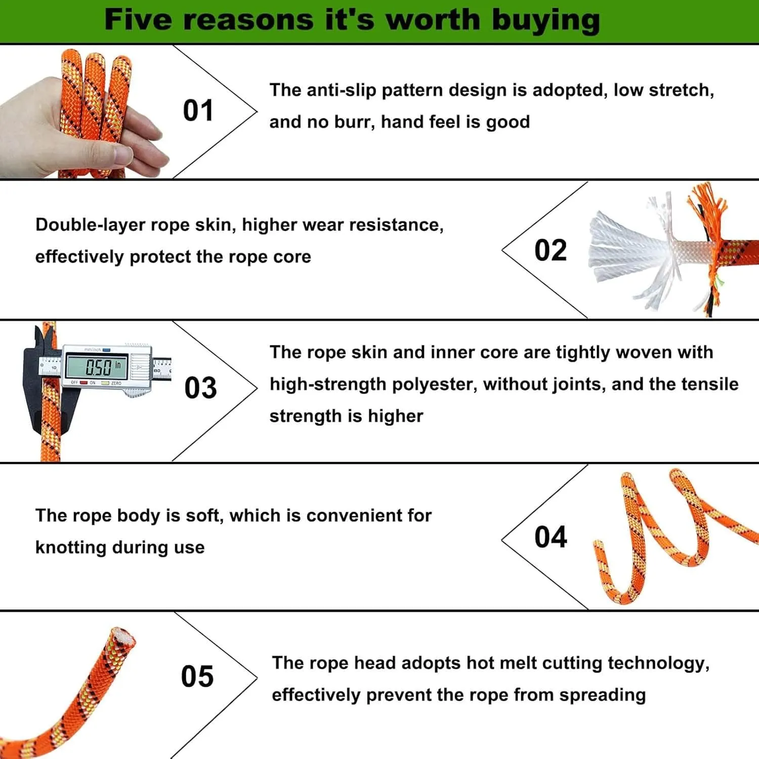 Arborist Rope Tree Rope Polyester Bull Rope (1/2in x 150ft) 48 Strands for Pull Swing Knot (Orange)