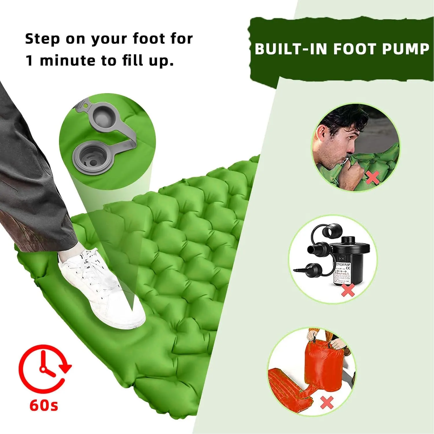 Asixxsix Camping Sleeping Pad, Inflatable Sleeping Mat Built in Foot Pump & Pillow, 77.2X26.8inch Camping Mat with Carry Bag, for Camping, Backpacking, Hiking, Tent (Olive Green)
