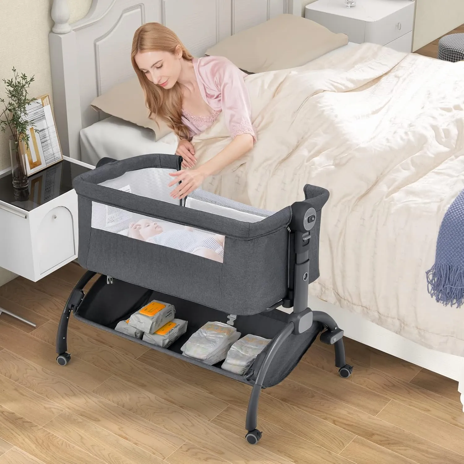 BABY JOY Baby Bassinet, 3-in-1 Rocking Bassinet w/Storage Basket, Double-Lock Design, 7 Adjustable Heights, Soft Mattress & Portable Travel Bag, Bassinet Bedside Sleeper for Newborns Infants (Gray)