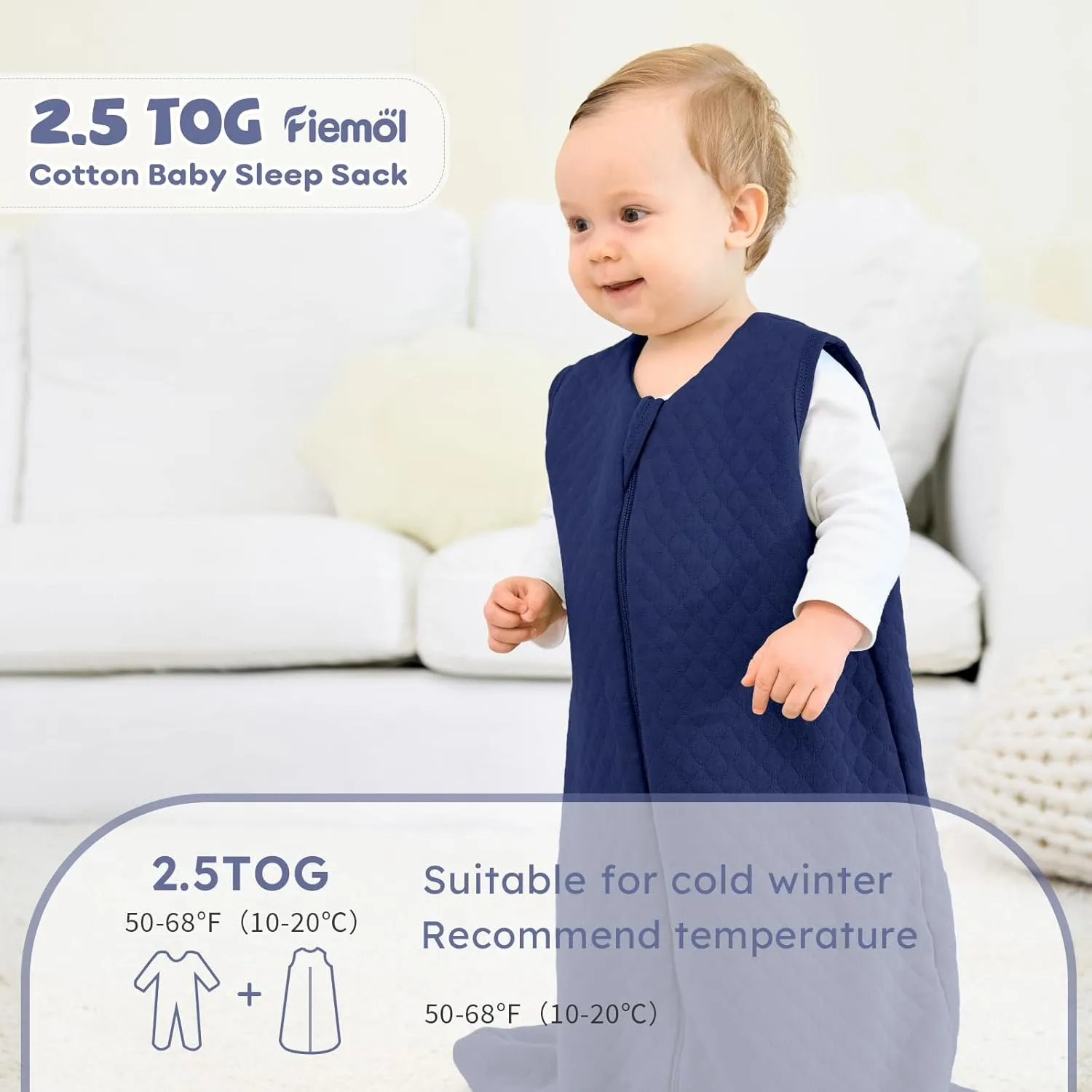 Baby Sleep Sack 0-6 Months 2.5 TOG, Winter Cotton Sleep Sacks Newborn and Infant, Warm Quilted Baby Wearable Blanket, Newborn Sleeping Bag with 2-Way Zipper Blue 1 Pack