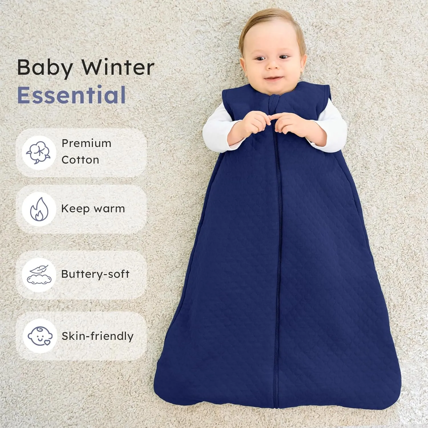Baby Sleep Sack 0-6 Months 2.5 TOG, Winter Cotton Sleep Sacks Newborn and Infant, Warm Quilted Baby Wearable Blanket, Newborn Sleeping Bag with 2-Way Zipper Blue 1 Pack