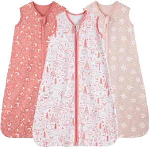 Baby Sleep Sack 6-12 Months, 100% Cotton Sleeping Sack for Newborn and Infant, 3 Pack Baby Wearable Blanket, 0.5 Tog Lightweight Double Zipper Sleep Bag Pink