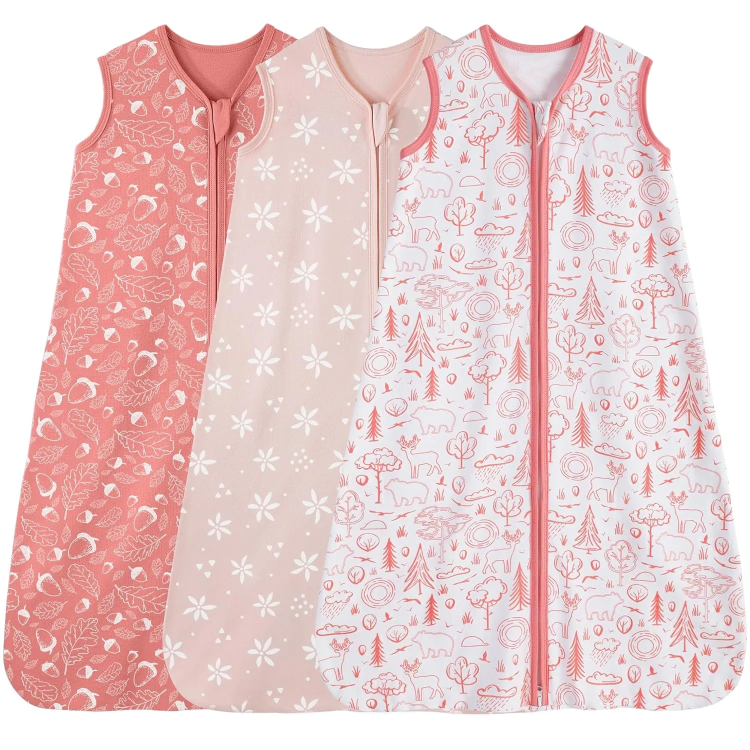 Baby Sleep Sack 6-12 Months, 100% Cotton Sleeping Sack for Newborn and Infant, 3 Pack Baby Wearable Blanket, 0.5 Tog Lightweight Double Zipper Sleep Bag Pink