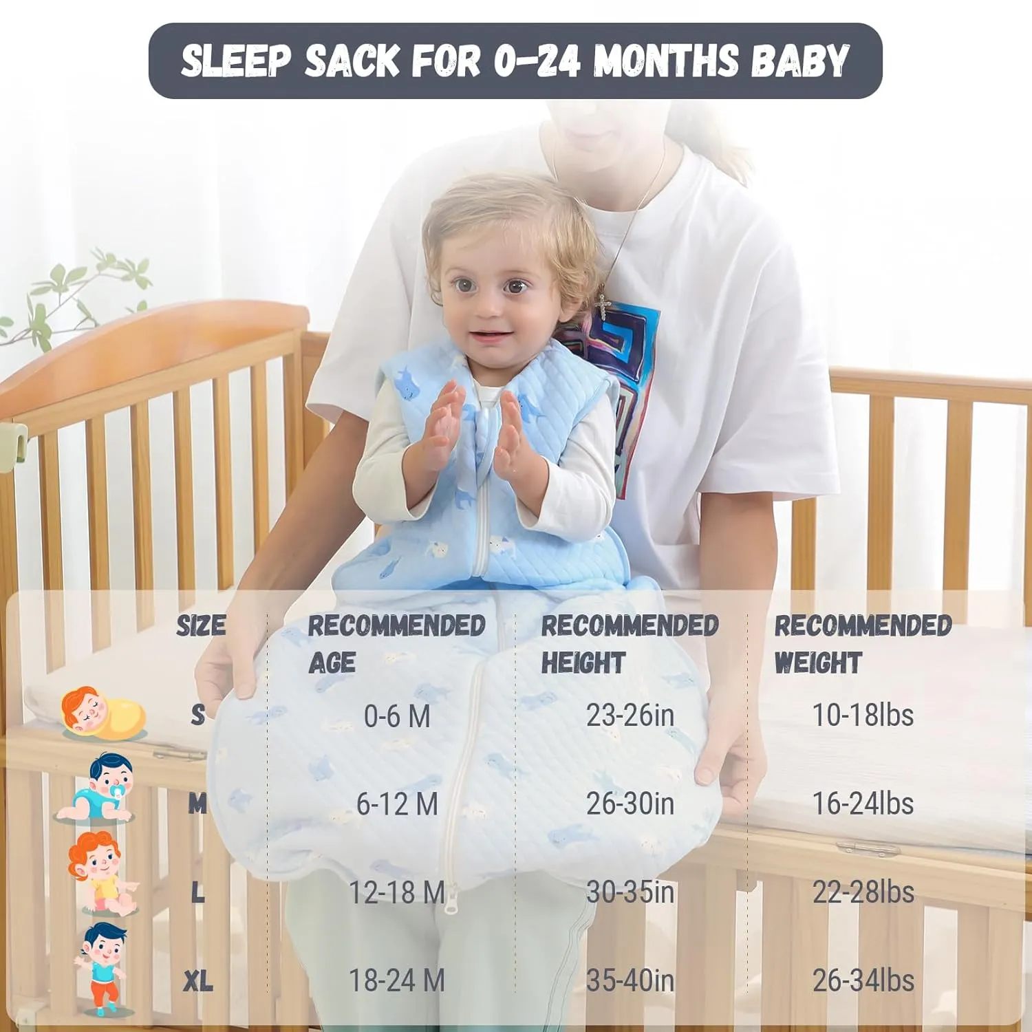 Baby Sleep Sack 6-12 Months TOG 2.5 Winter Wearable Blanket for Baby 100% Cotton Warm Sleeping Sack with 2-Way Zipper Blue