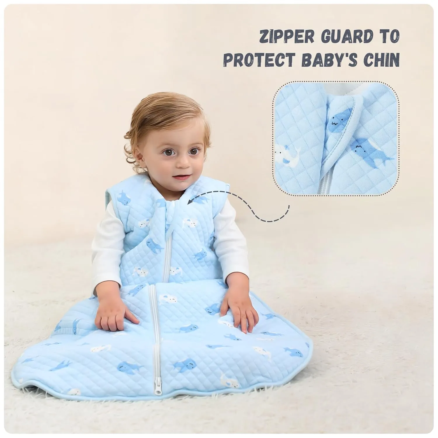 Baby Sleep Sack 6-12 Months TOG 2.5 Winter Wearable Blanket for Baby 100% Cotton Warm Sleeping Sack with 2-Way Zipper Blue